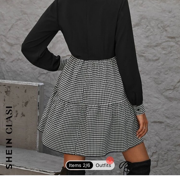 NWOT Gingham Spliced Contrast Collar Ruffle Hem Dress - Picture 2 of 5